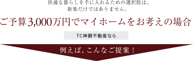 快適な暮らしを手に入れるための選択肢は、新築だけではないかもしれません。ご予算3000万円でマイホームをお考えの場合TC神鋼不動産灘営業所なら例えば、こんなご提案!